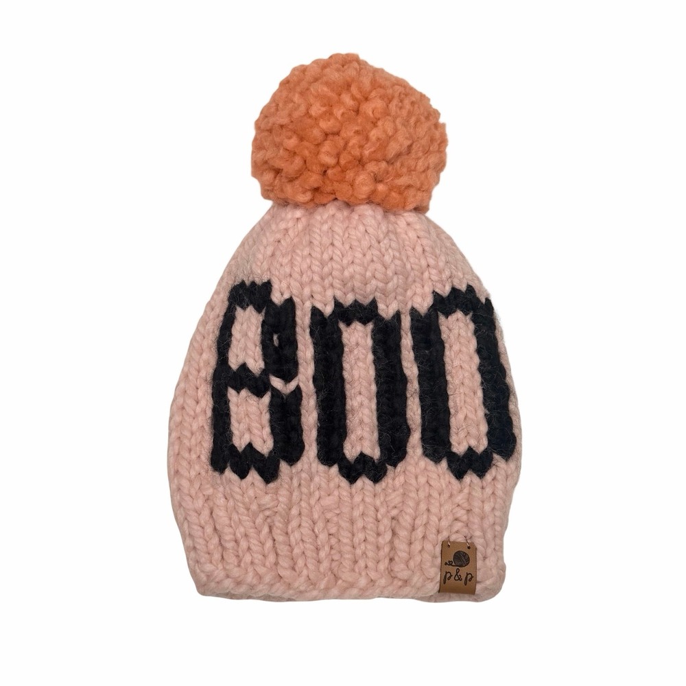 Pine & Poppy Wool Blend Boo Hand Knit Beanie Hat Pom Pom